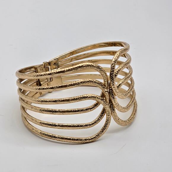 Front Open Gold Tone Textured Metal Hinged Fashion Wide Cuff Bracelet - Picture 7 of 9
